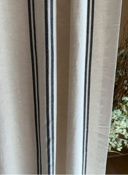 Grain Sack Stripe Linen Curtains – Navy Blue Farmhouse Drapery Panels, French Country Rustic Nautical Window Treatments