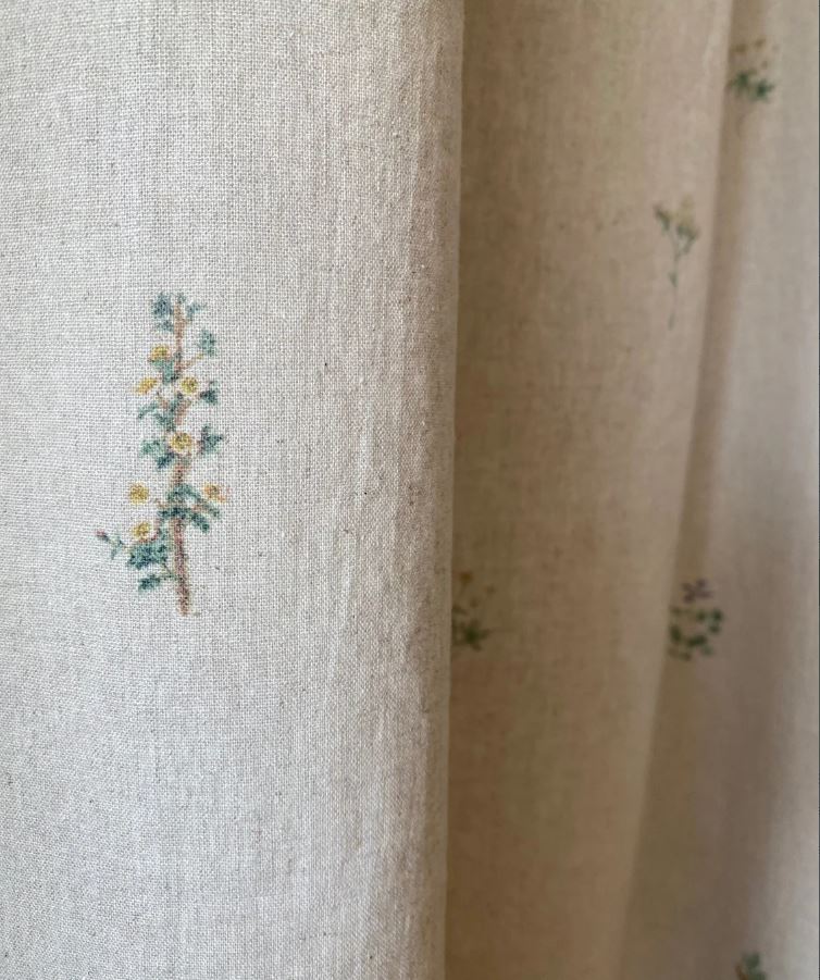 Minimalist Floral Linen Curtains – French Country Retro Boho Drapes for Living Room, Bedroom, or Café (Set of 2 Panels)