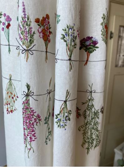 Linen Embroidered Curtains White Farmhouse Floral Garland Drapes Country Flower Bouquet Kitchen Cafe Drapery Panels Set of 2