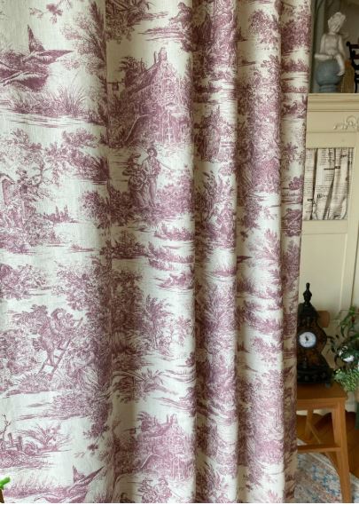 French Toile de Jouy Linen Curtains – Vintage Red Pattern Drapes, Elegant Farmhouse French Country Style Curtain Panels for Living Room & Bedroom – Set of 2