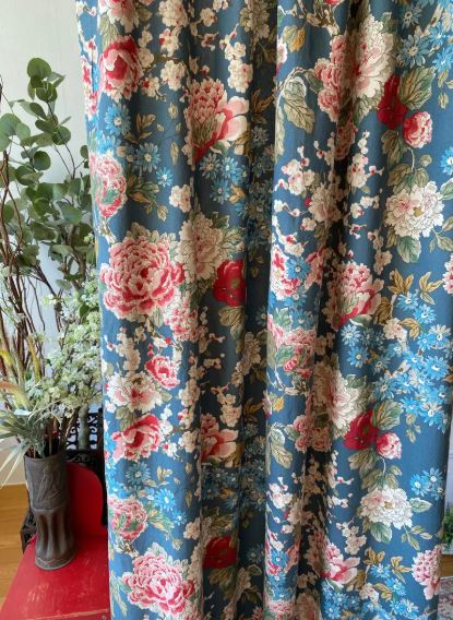 Floral Linen Curtains – Dusty Blue Botanical Drapes with Vintage Flower Bouquet Pattern, Elegant Curtain Panels for Living Room & Bedroom – Set of 2