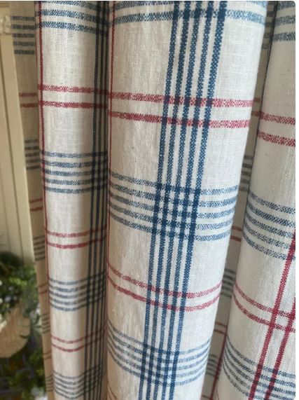 Heavy Linen Plaid Curtains – Blue and Red Checkered Farmhouse Window Drapes | Modern Rustic Living Room Bedroom Panels (Set of 2)
