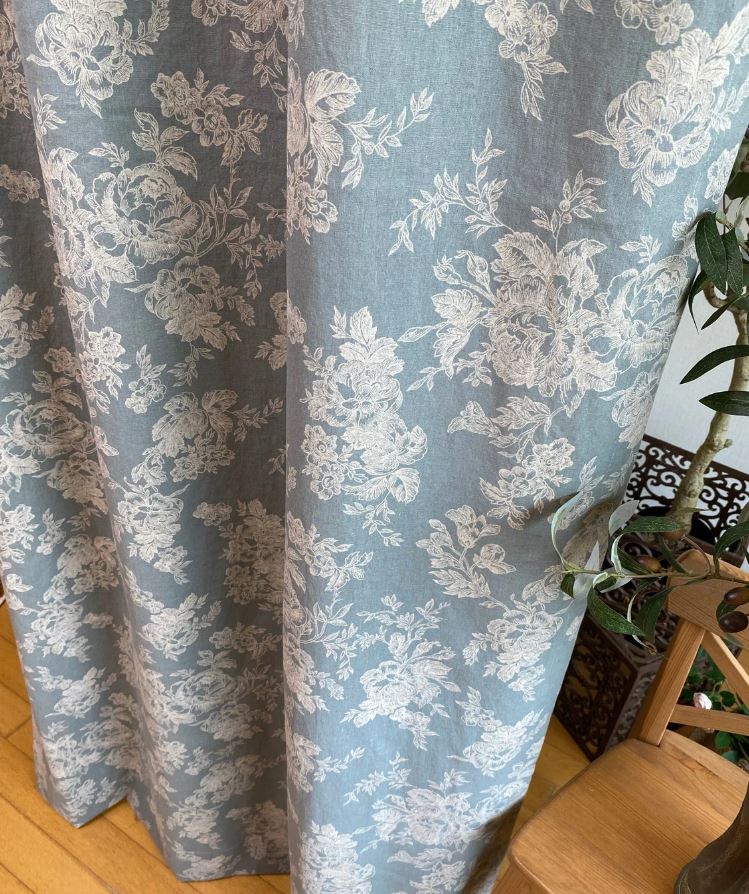 Dusty Blue Linen Curtains with White Floral Pattern – Farmhouse Botanical Drapes for Living Room, Kitchen, or Bedroom (Set of 2 Panels)