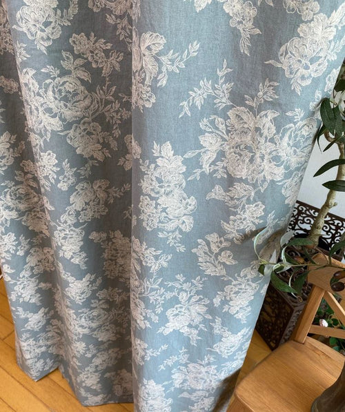 Dusty Blue Linen Curtains with White Floral Pattern – Farmhouse Botanical Drapes for Living Room, Kitchen, or Bedroom (Set of 2 Panels)