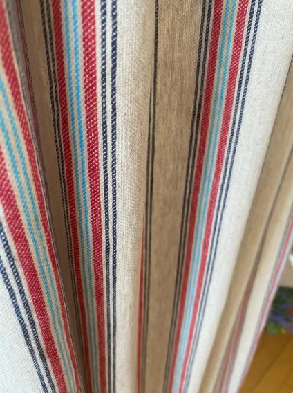 Red Striped Linen Curtains – French Country Farmhouse Drapes | Vintage Beige Window Panels | Set of 2
