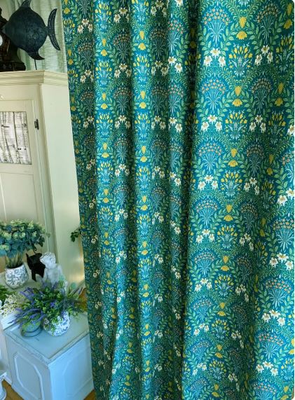Green Floral Damask Linen Curtains – Retro Farmhouse Drapes – Vintage Flower Print Curtain Panels – Custom Living Room & Bedroom Decor – Set of 2