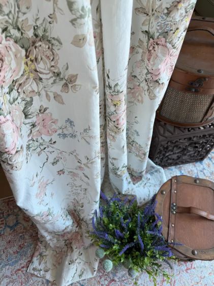 Romantic Rose Linen Curtains – French Country Shabby Chic Cottage Drapes, Custom Floral Window Treatments for Living Room, Dining & Cafe (Set of 2)