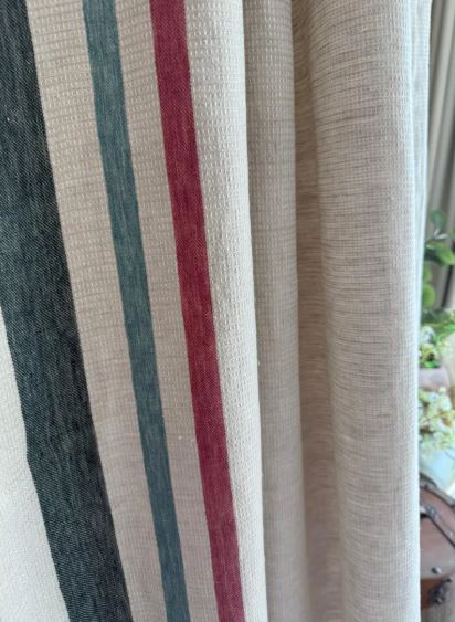 Pure Linen Waffle Texture Curtains – Heavyweight Rustic Stripe Border Drapes, Vintage Grain Sack Style, Bohemian Farmhouse Window Panels (Set of 2)