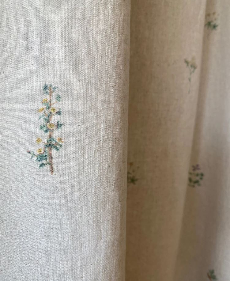 Minimalist Linen Curtains with Small Floral Embroidery – French Country Boho Drapes for Living Room, Bedroom, or Café (Set of 2 Panels)