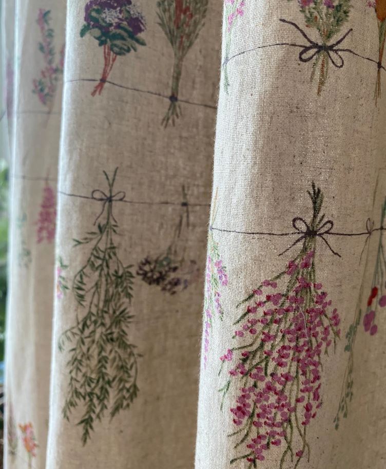 Linen Curtains with Floral Garland Print – Farmhouse French Country Drapes for Kitchen, Living Room, or Café (Set of 2 Panels)