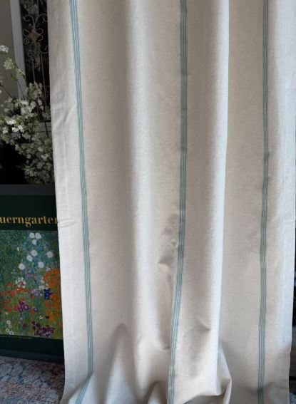Natural Linen Curtains with Blue Stripes – Rustic Grain Sack Farmhouse Drapes, French Country Custom Window Panels