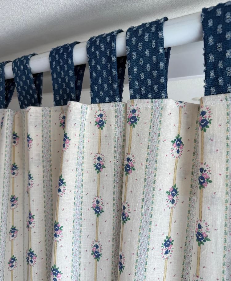 Floral Tab Top Curtains with Blue Rose Stripe – French Country Cottagecore Window Panels Rustic Loop Drapes (Set of 2)