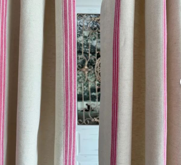 Pink Striped Linen Curtains – French Country Farmhouse Drapes, Rustic Grain Sack Stripe Window Panels, Kids Room & Classic Home Decor