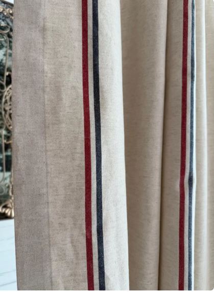 Striped Linen Curtains – Red & Blue Grain Sack Stripe Rustic Farmhouse Drapery Panels, French Country Nautical Home Decor