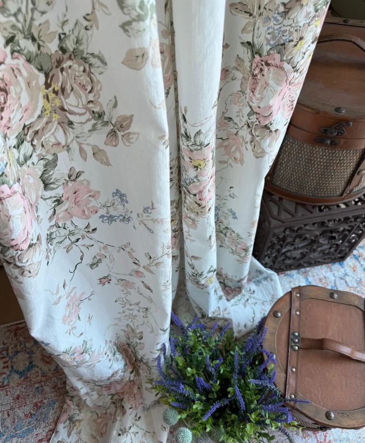 Romantic Rose Linen Curtains – French Country Shabby Chic Drapes for Living Room, Dining Room, or Café (Set of 2 Panels)