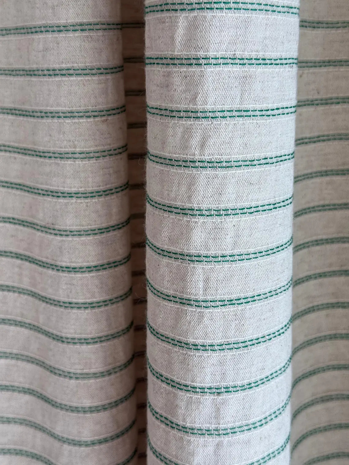 Linen Embroidered Stripe Curtain – Natural Green Stitched Window Panel | Modern Farmhouse Custom Drapes for Bedroom & Living Room